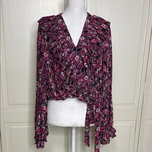Endless Rose Chiffon Floral Printed Ruffled Crop Top Sz L Fuchsia Wrap Woman’s
